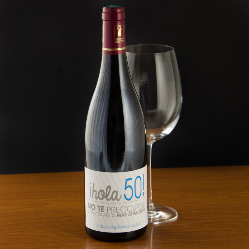 Regalos personalizados: Bebidas personalizadas: Botella de vino 50 cumpleaños