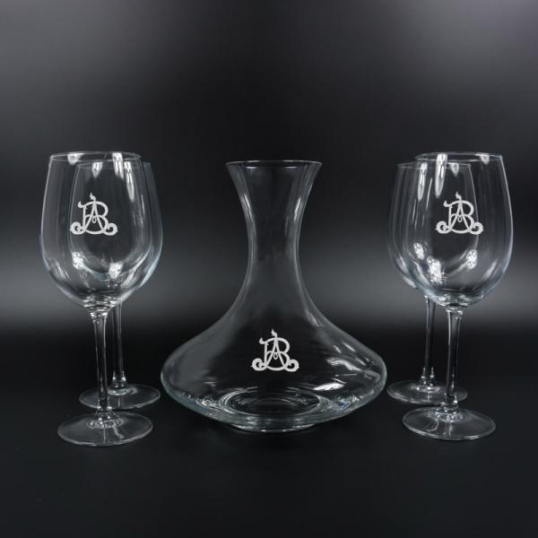 Set decantador y copas grabado con monograma