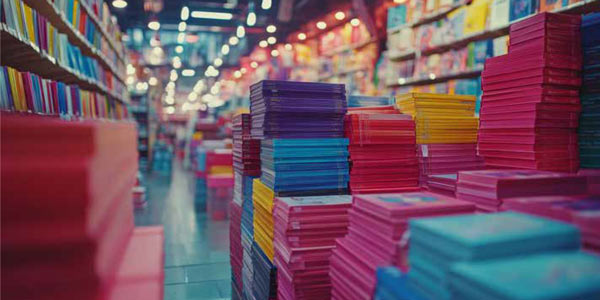 Libros y cuadernos de colores en una estantería