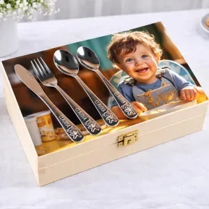 Cubiertos infantiles personalizados en caja de madera con foto