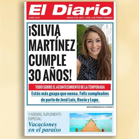 Falsa portada de peri&oacute;dico para cumplea&ntilde;os (Detalle de presentación)