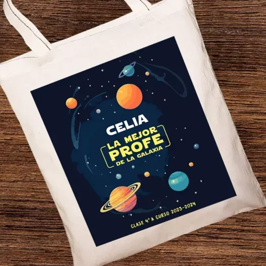 Bolsa tote BIO personalizada 'Mejor Profe de la Galaxia' (Detalle de presentación)