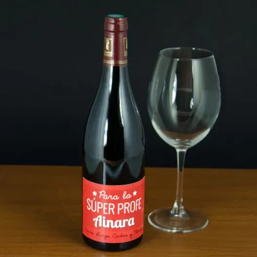 Botella de vino personalizada Super Profe (Idea de regalo original)