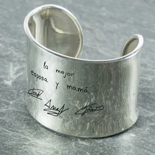 Brazalete de plata personalizado con firmas (Detalle de presentación)
