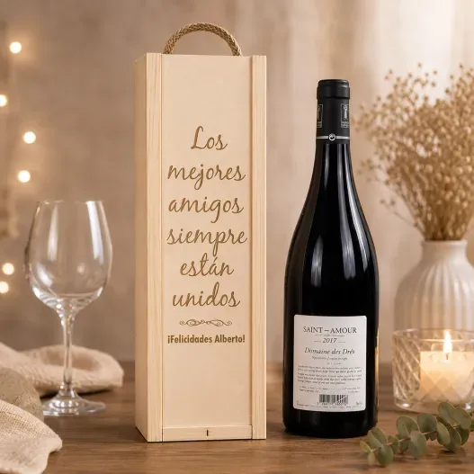 Caja botella de vino con texto grabado