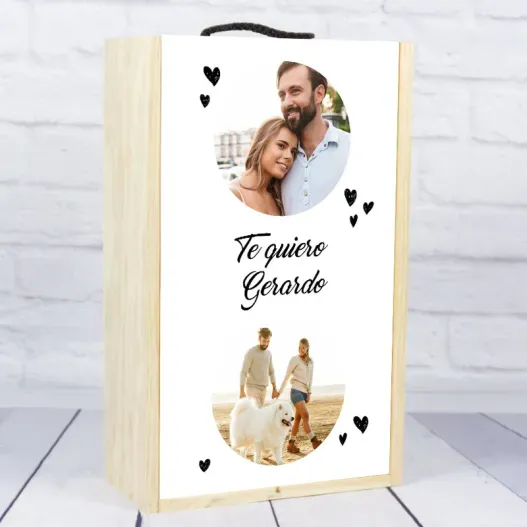 Caja botella de vino personalizada corazones (Detalle de presentación)