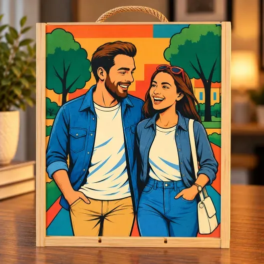 Caja de madera para vino personalizada con foto retrato IA