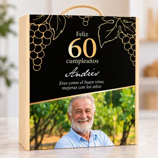 Caja de madera personalizada Cumplea&ntilde;os con vino Cune y copas (Foto de catálogo)