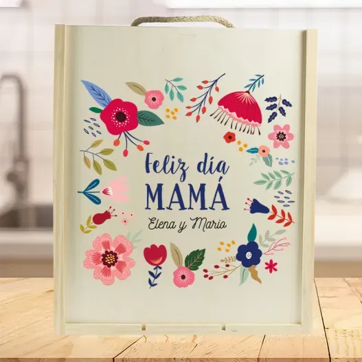 Caja de vino personalizada 'Flores para mam&aacute;' (Detalle de presentación)