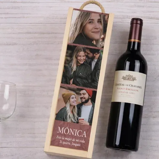 Caja vino personalizada con fotos y texto (Opción de grabado)