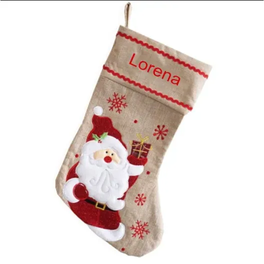 Calcet&iacute;n Navide&ntilde;o de lino bordado (Idea de regalo original)