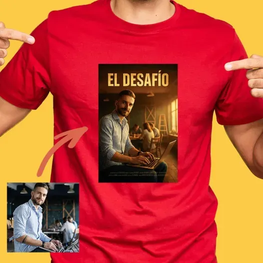 Camiseta personalizada para hombre con tu foto y filtro IA (Detalle de presentación)