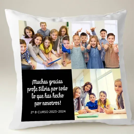 Coj&iacute;n personalizado collage para profe (Detalle de presentación)
