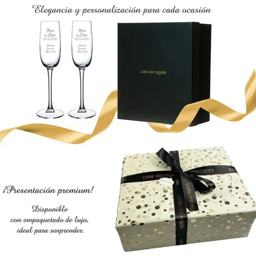 Copas de cava con texto grabado (Detalle de presentación)