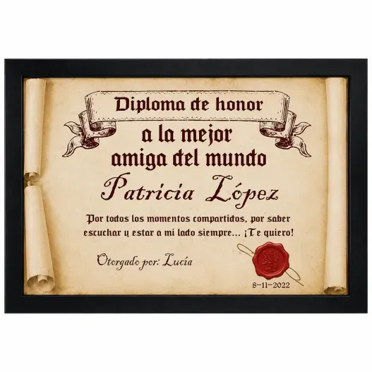 Diploma pergamino a la mejor amiga (Detalle de presentación)