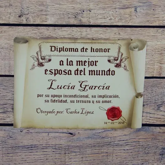 Diploma pergamino a la mejor esposa (Idea de regalo original)