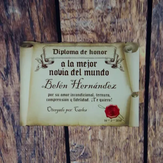 Diploma pergamino a la mejor novia (Detalle de presentación)