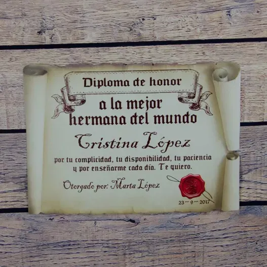Diploma pergamino a la mejor hermana (Idea de regalo original)
