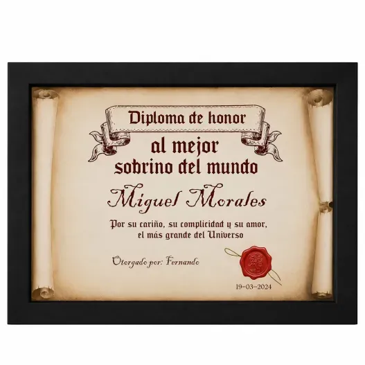 Diploma pergamino al mejor sobrino (Detalle de presentación)