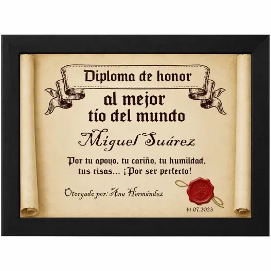 Diploma pergamino al mejor t&iacute;o (Detalle de presentación)