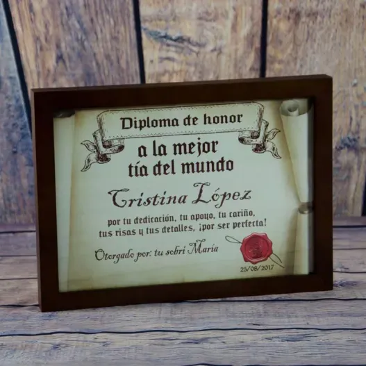 Diploma pergamino a la mejor t&iacute;a (Foto de catálogo)