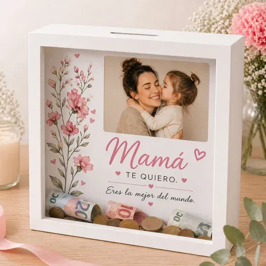 Hucha de madera personalizada para Madre (Detalle de presentación)