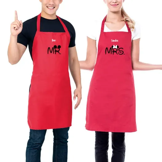 Pack de delantales BIO bordados Mr y Mrs (Idea de regalo original)