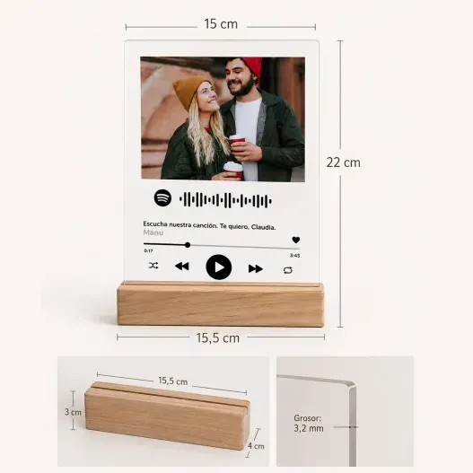Placa de metacrilato personalizada con c&oacute;digo Spotify (Detalle de presentación)