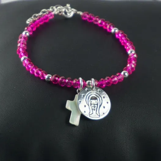Pulsera 'Comuni&oacute;n' de piedras rosas personalizada (Vista alternativa)