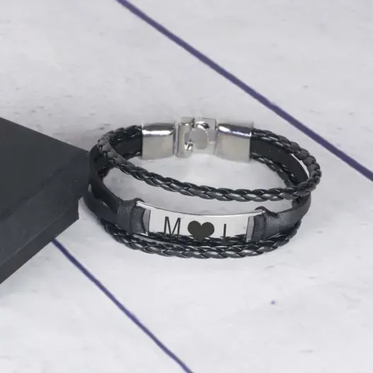 Pulsera grabada de acero y piel (Idea de regalo original)