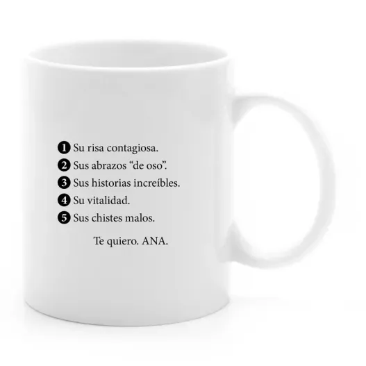 Taza personalizada '5 cosas que me gustan de...' (Detalle de presentación)