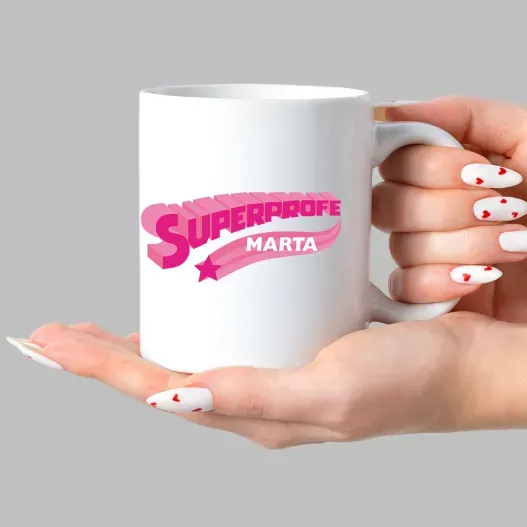 Taza 'Superprofe' personalizada (Detalle de presentación)