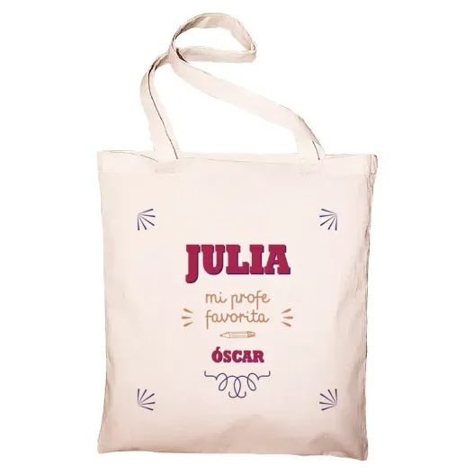 Bolsa tote BIO personalizada 'Mi profe favorita' (Detalle de presentación)
