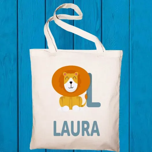 Bolsa tote BIO personalizada 'alfabeto animal' (Detalle de presentación)