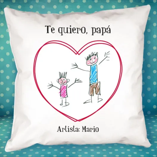 Coj&iacute;n personalizado coraz&oacute;n con dibujo de tu hijo (Idea de regalo original)
