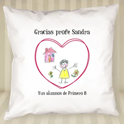 Coj&iacute;n personalizado coraz&oacute;n con dibujo para profe (Idea de regalo original)