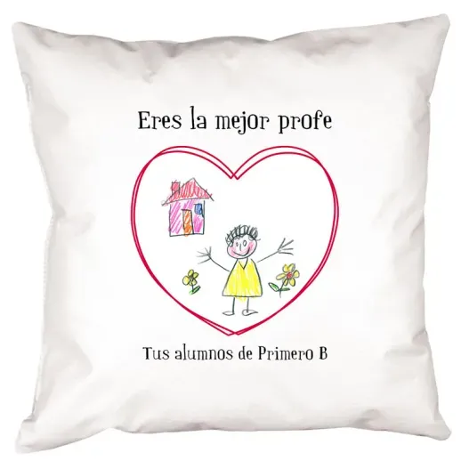 Coj&iacute;n personalizado coraz&oacute;n con dibujo para profe (Detalle de presentación)