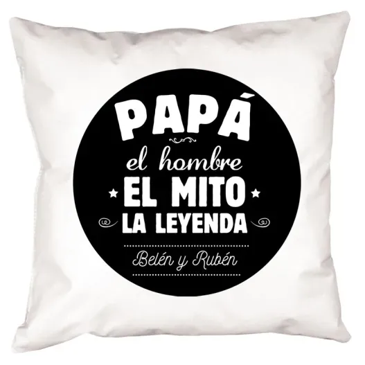 Coj&iacute;n personalizado para padre 'El mito, la leyenda' (Detalle de presentación)