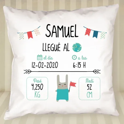Coj&iacute;n personalizado para reci&eacute;n nacido (Detalle de presentación)