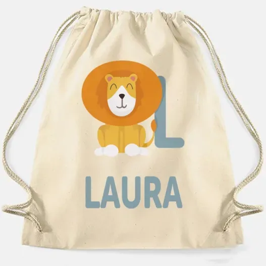 Mochila de cuerdas BIO personalizada 'alfabeto animal' (Detalle de presentación)