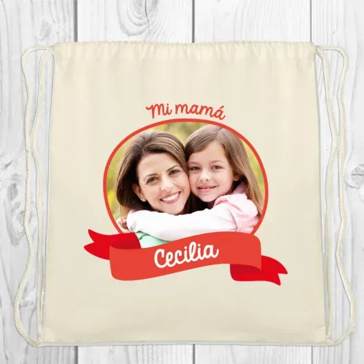 Mochila de cuerdas BIO personalizada con foto (Detalle de presentación)