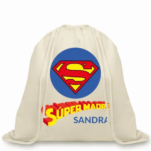 Mochila de cuerdas BIO personalizada S&uacute;permadre (Detalle de presentación)