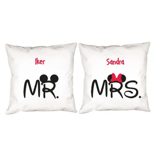 Pack de cojines Mr y Mrs personalizados (Detalle de presentación)