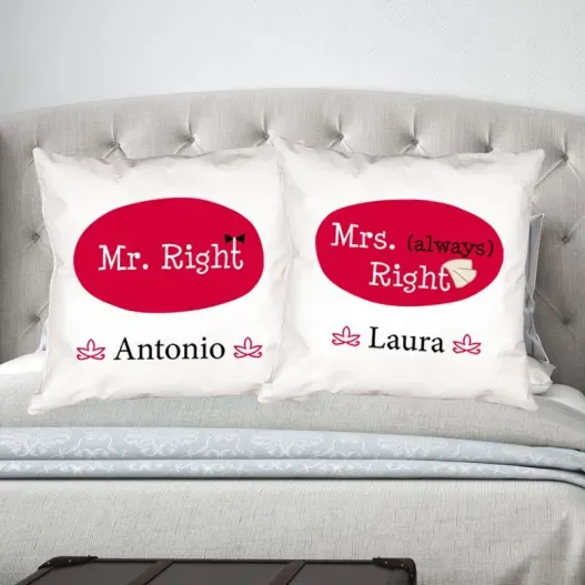 Pack de cojines personalizados Mr y Mrs right (Detalle de presentación)