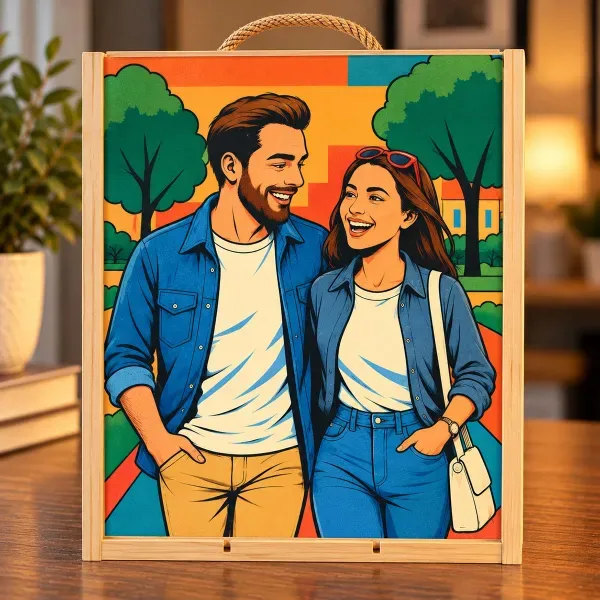 Caja de madera para vino personalizada con foto retrato IA