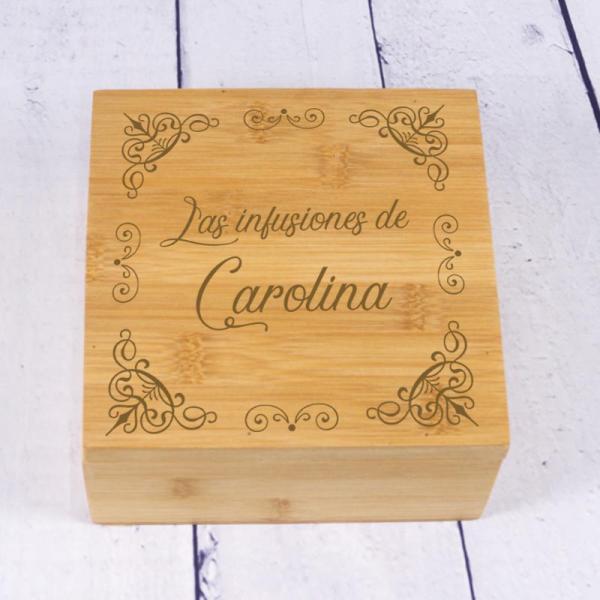 Caja de té grabada en Bambú