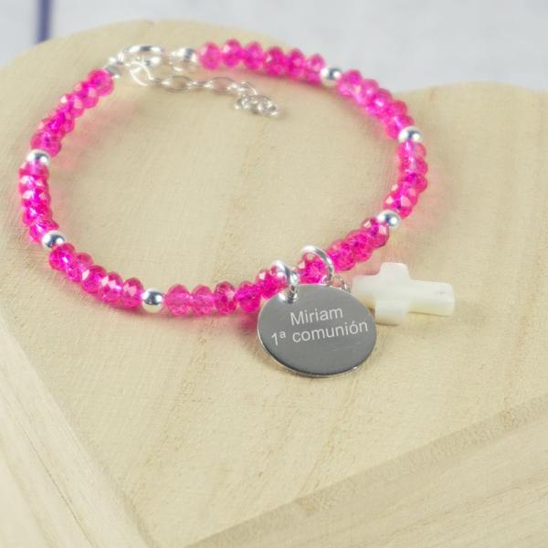 Pulsera 'Comunión' de piedras rosas personalizada