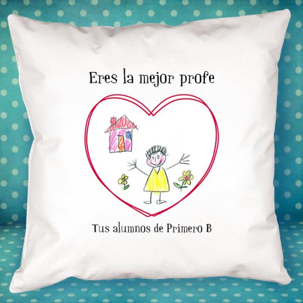 Cojín personalizado corazón con dibujo para profe