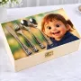 Regalos personalizados: Cubiertos personalizados: Cubiertos infantiles grabados en caja de madera con Caricatura