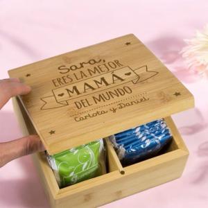 Caja de té grabada para la mejor mamá en Bambú